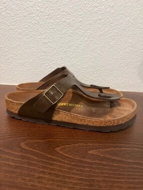 Birkenstock Metalic Bronze Brown T‑strap Cork Sandals with Buckle